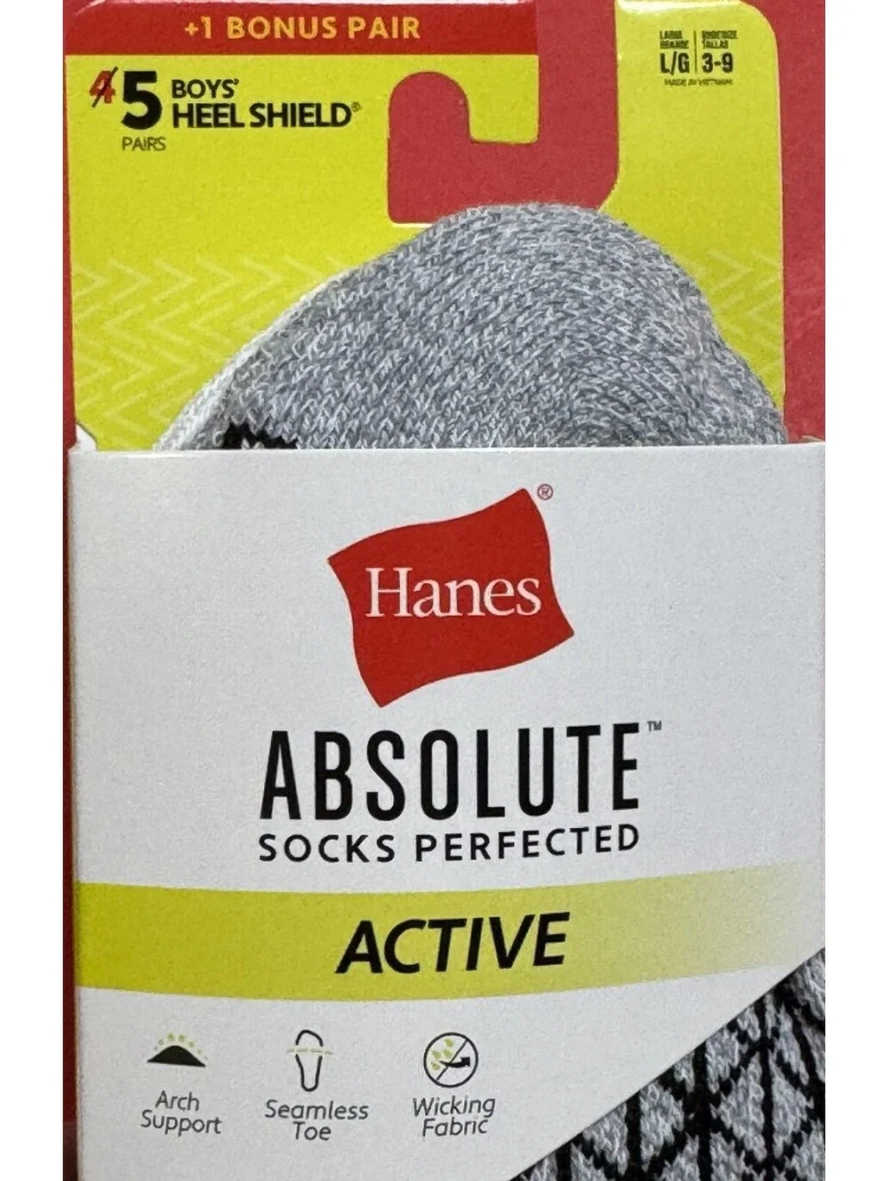 Hanes 5 Pack Boys Absolute Active No Show Socks Heel Shield Large 3-9